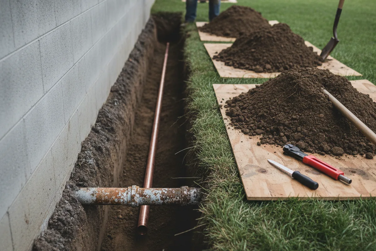Excavated water line trench during Sewer Line Repair in Marinette